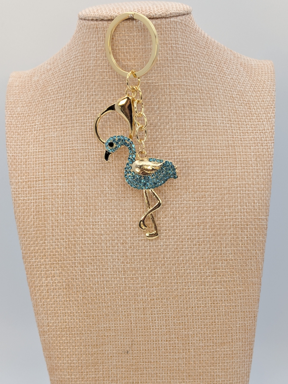 Blue Rhinestone Gold Tone Flamingo Keychain Bag Charm